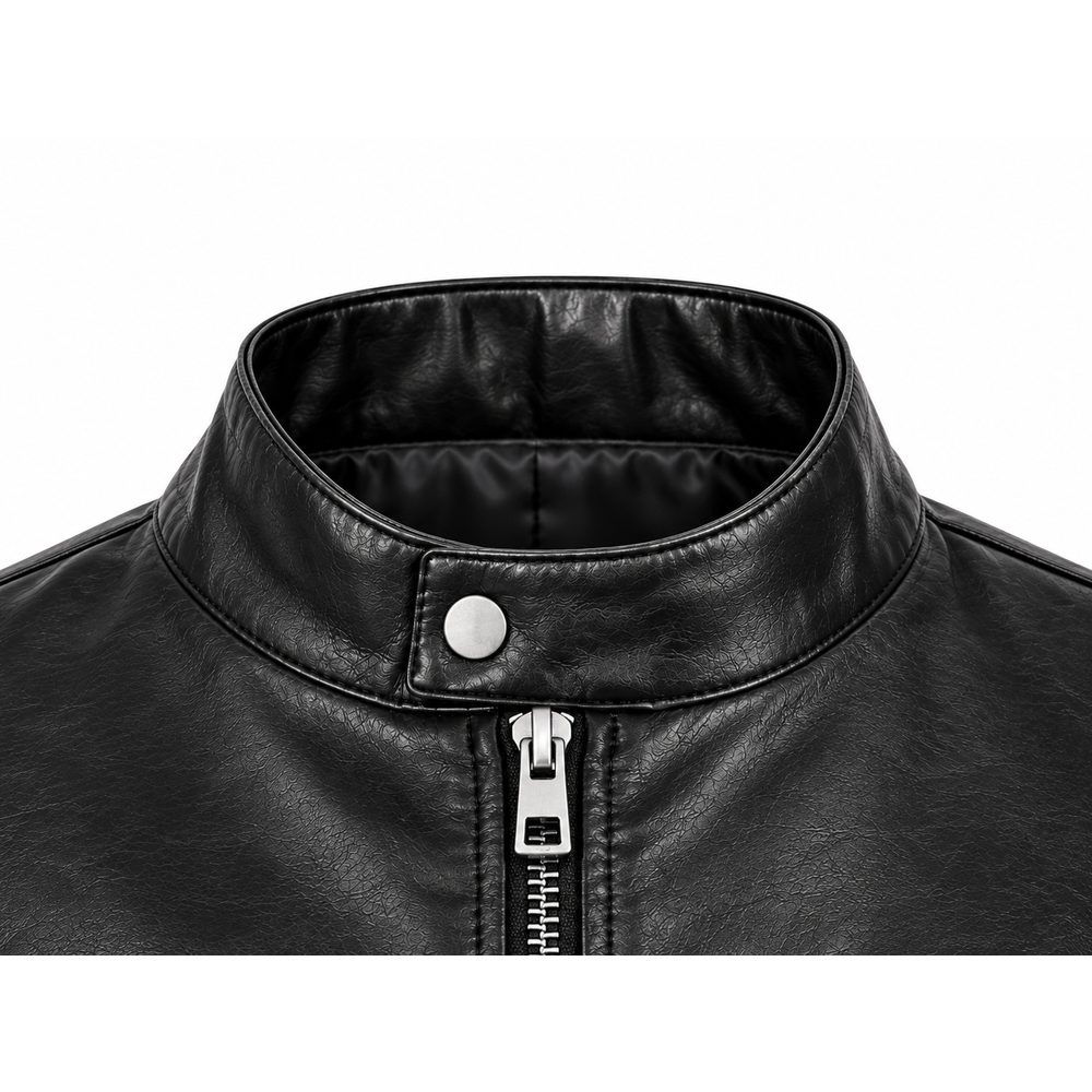 Close-up of snap stand collar on women's black moto jacket
