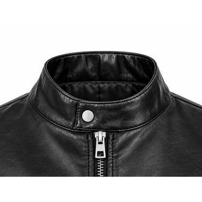 Close-up of snap stand collar on women's black moto jacket
