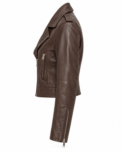 Side view of women's brown leather moto biker jacket