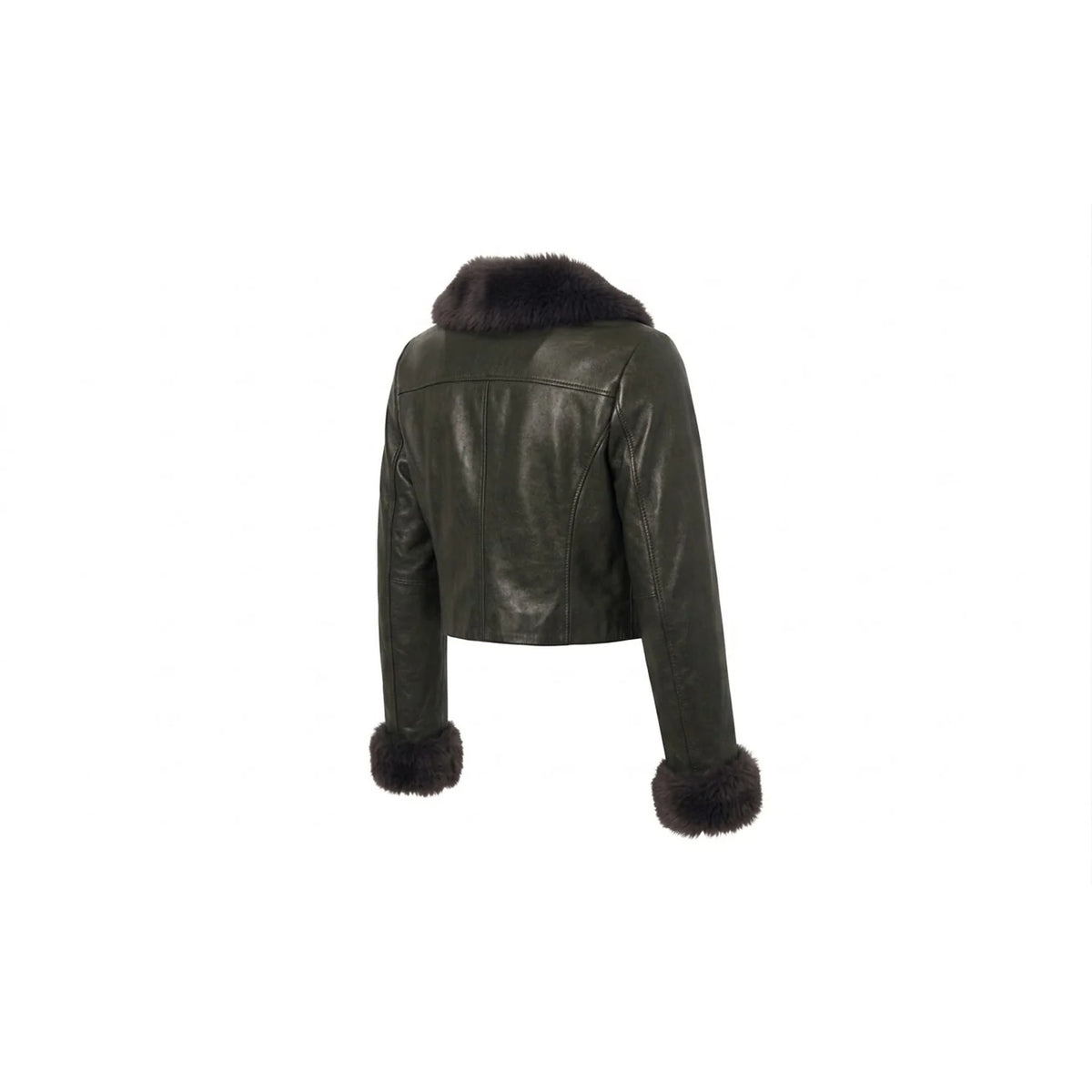 Three-quarter view of black cropped leather moto jacket with fur collar