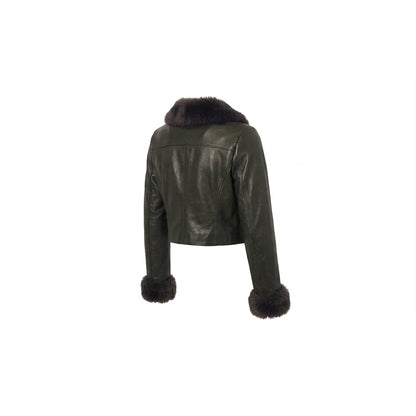 Three-quarter view of black cropped leather moto jacket with fur collar