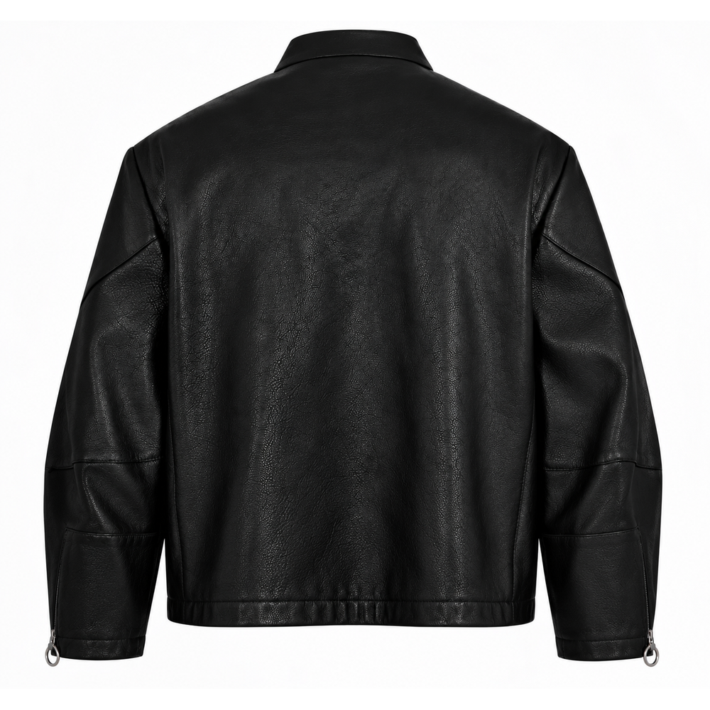 Back view of men's black leather moto jacket