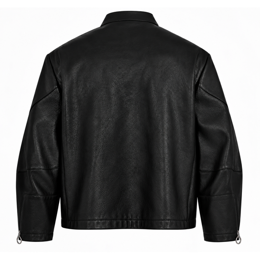 Back view of men's black leather moto jacket