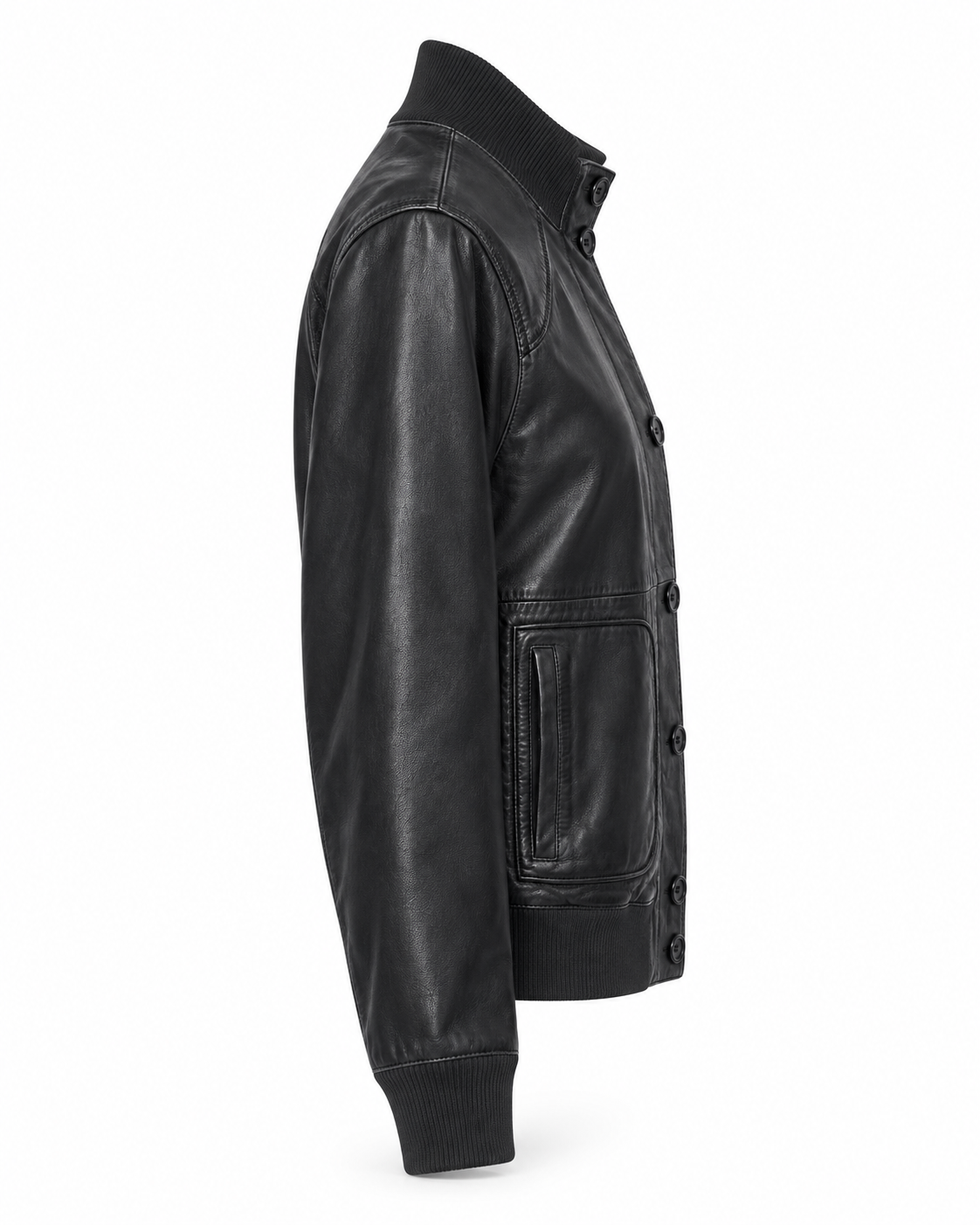 Side profile of women's black leather bomber jacket with ribbed cuffs