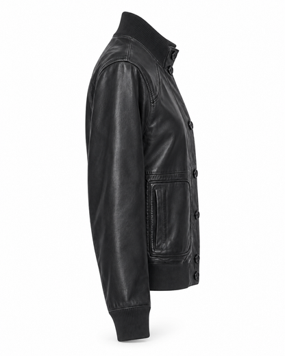 Side profile of women's black leather bomber jacket with ribbed cuffs