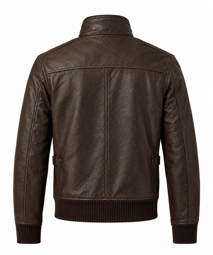 Back view of men's dark brown leather field jacket