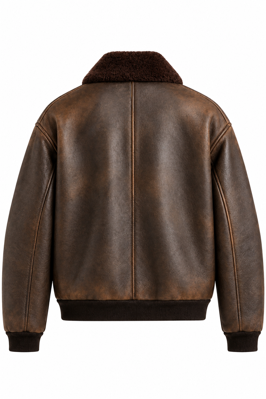 Men's Distressed Brown Leather Bomber Jacket – Shearling-Style Collar – detail view