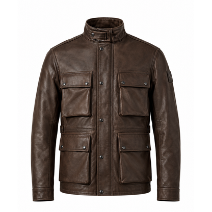 Men's brown leather utility bomber jacket with four flap pockets, front view