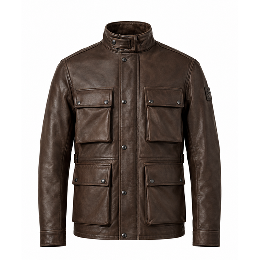 Men's brown leather utility bomber jacket with four flap pockets, front view