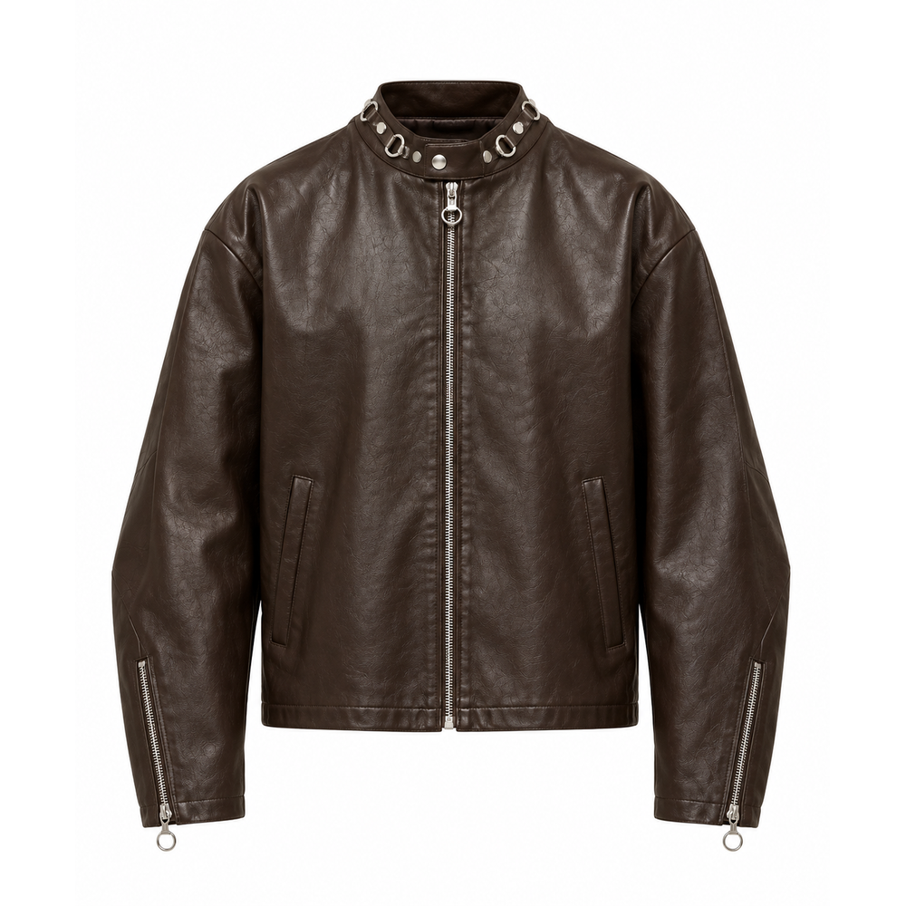 Men's dark brown leather moto jacket with ring-detail stand collar, front view