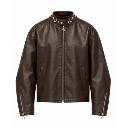 Men's dark brown leather moto jacket with ring-detail stand collar, front view