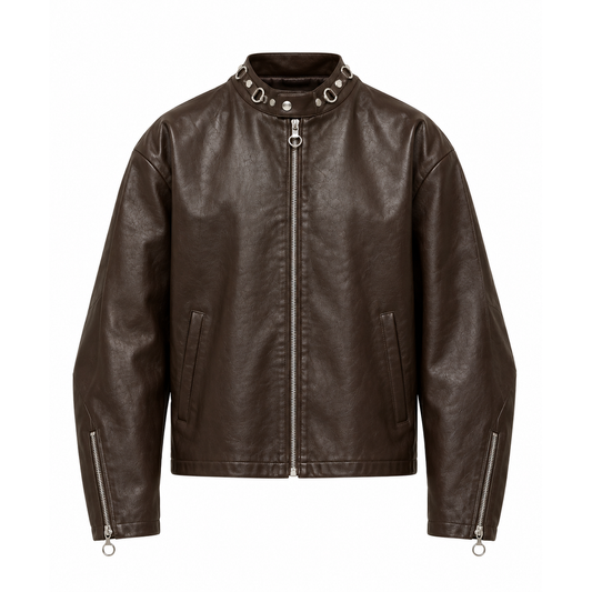 Men's dark brown leather moto jacket with ring-detail stand collar, front view