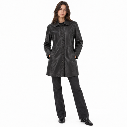 Model wearing women's black mid-length leather coat