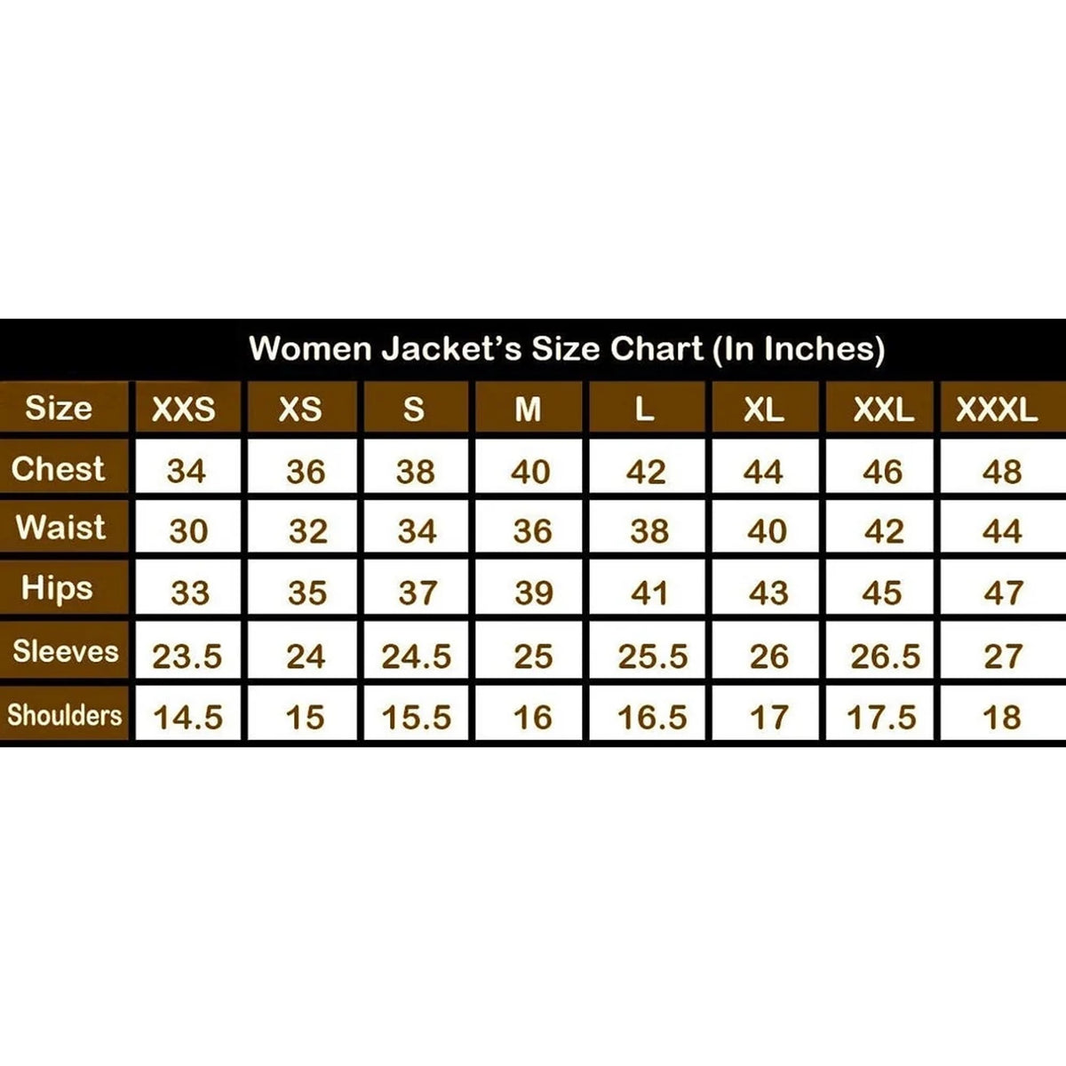 Women's leather jacket size chart in inches