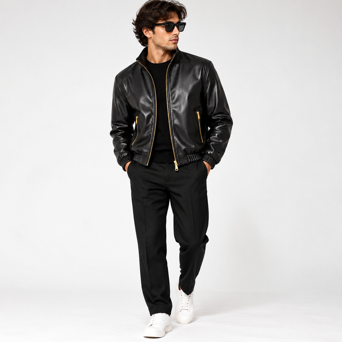 Man wearing black pintuck cowhide leather bomber jacket with black trousers