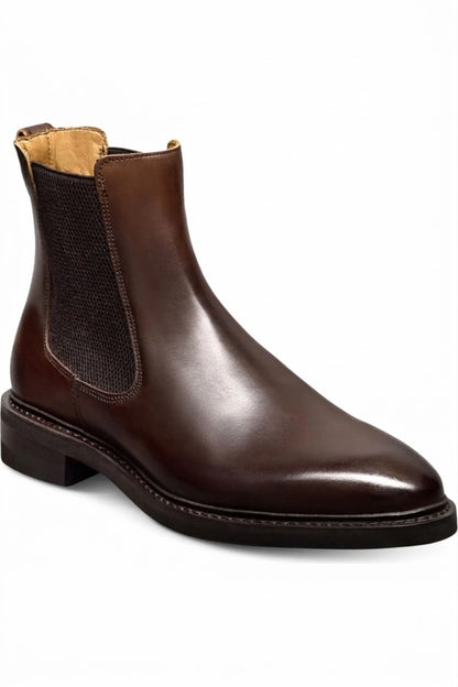 Men's dark brown polished leather Chelsea boot, side view