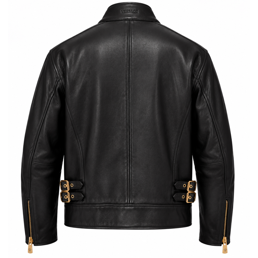 Back view of black leather jacket with gold buckle waist tabs