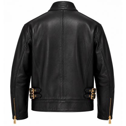 Back view of black leather jacket with gold buckle waist tabs