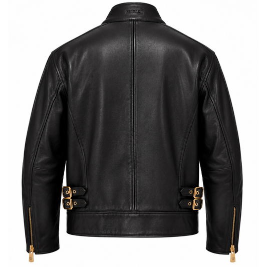 Back view of black leather jacket with gold buckle waist tabs