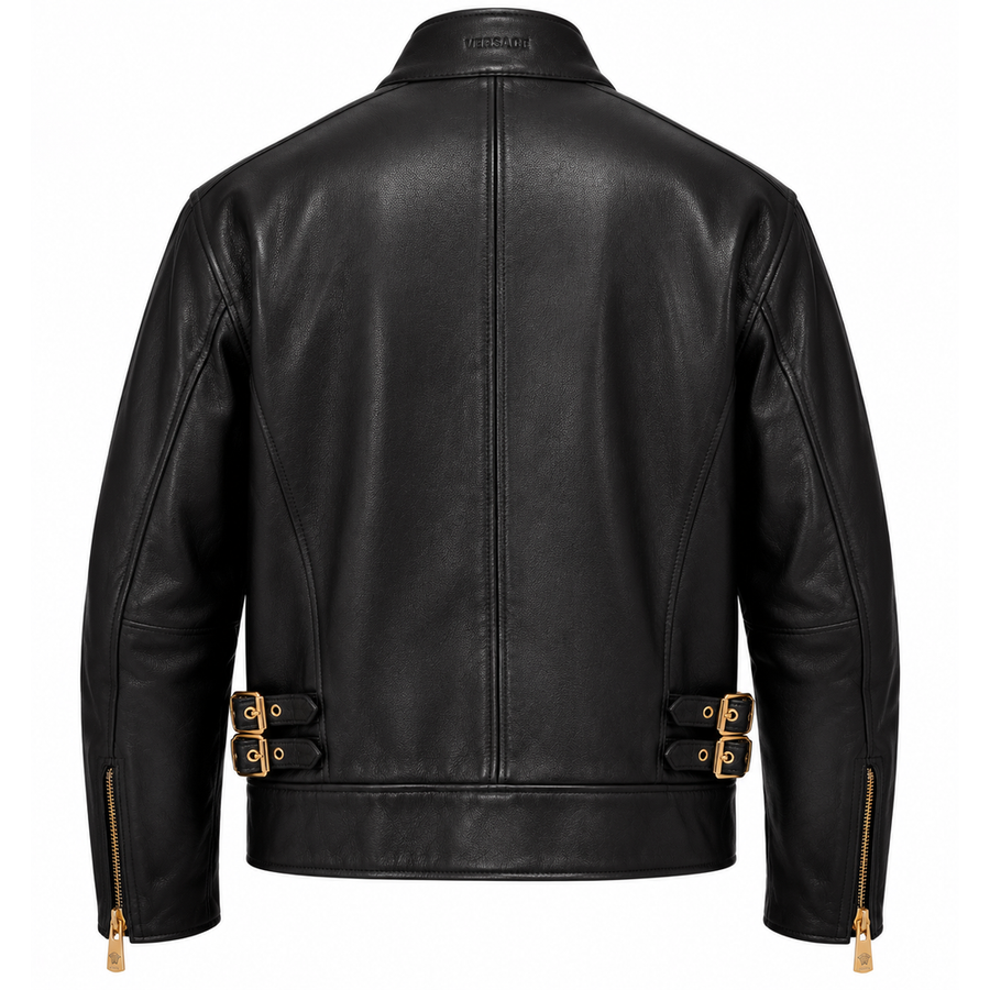 Men's Black Leather Racer Jacket – Gold Zipper Details – detail view