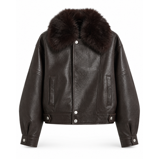 Women's dark brown leather aviator jacket with oversized faux fur collar, front view