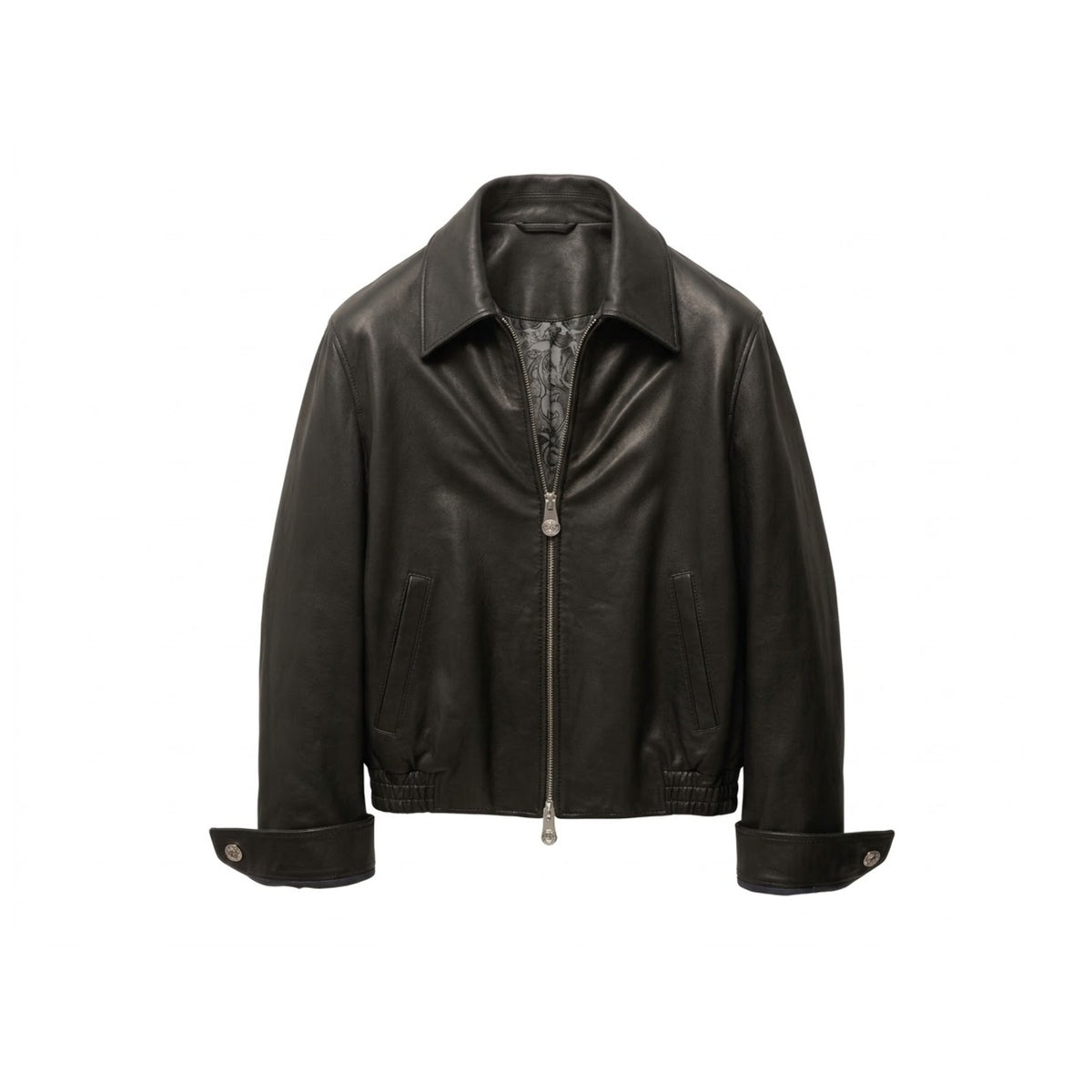 Men's black leather Harrington jacket with shirt collar and zip front, front view