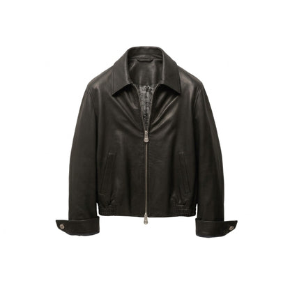 Men's black leather Harrington jacket with shirt collar and zip front, front view