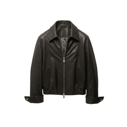 Men's black leather Harrington jacket with shirt collar and zip front, front view