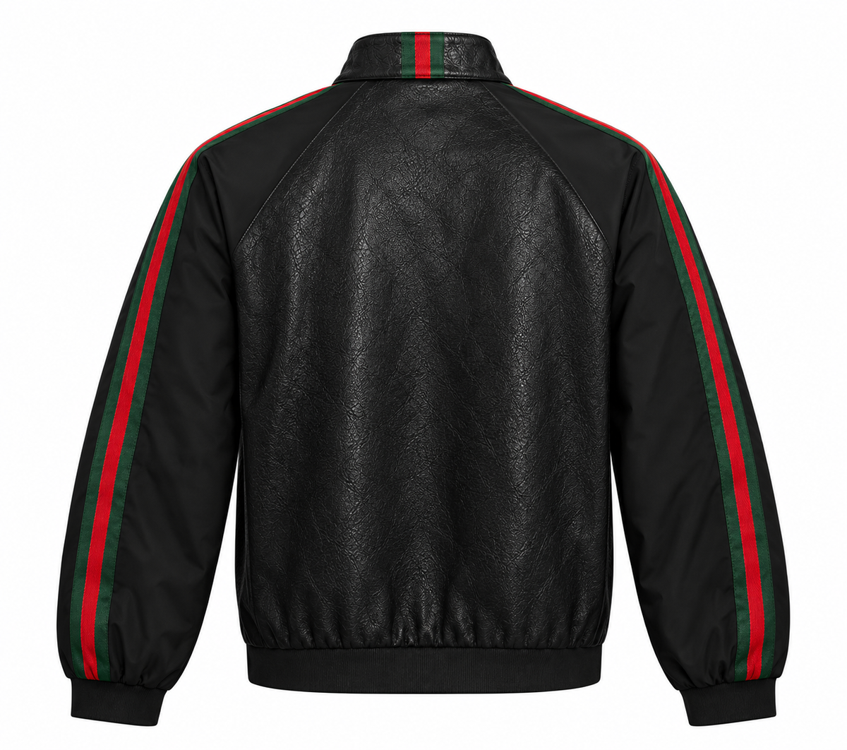 Back view of black leather bomber jacket with striped sleeves