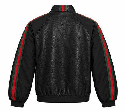 Back view of black leather bomber jacket with striped sleeves