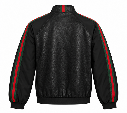 Back view of black leather bomber jacket with striped sleeves