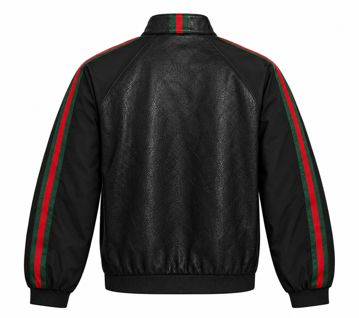Back view of black leather bomber jacket with striped sleeves