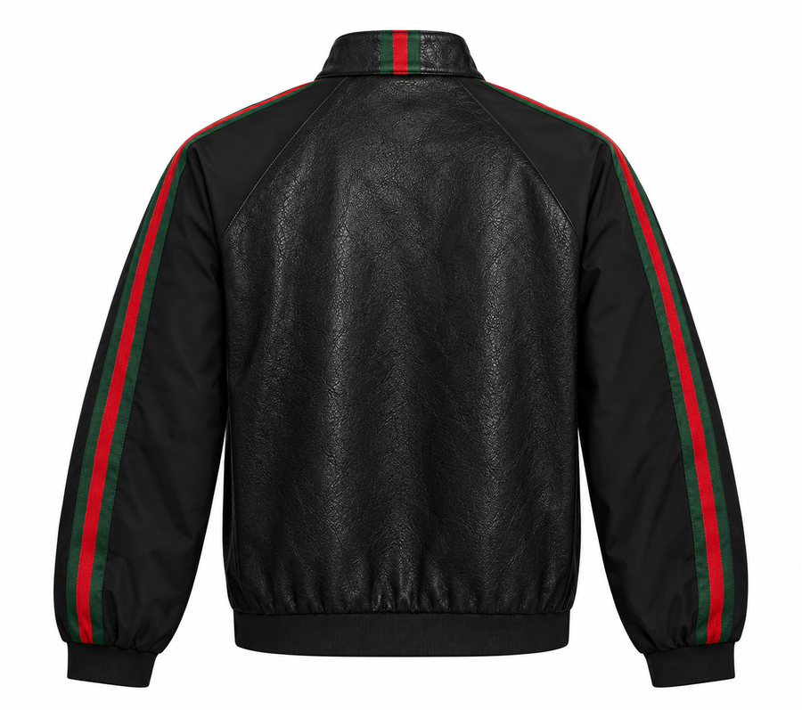 Men's Black Leather Racing Bomber Jacket – Striped Sleeves – detail view
