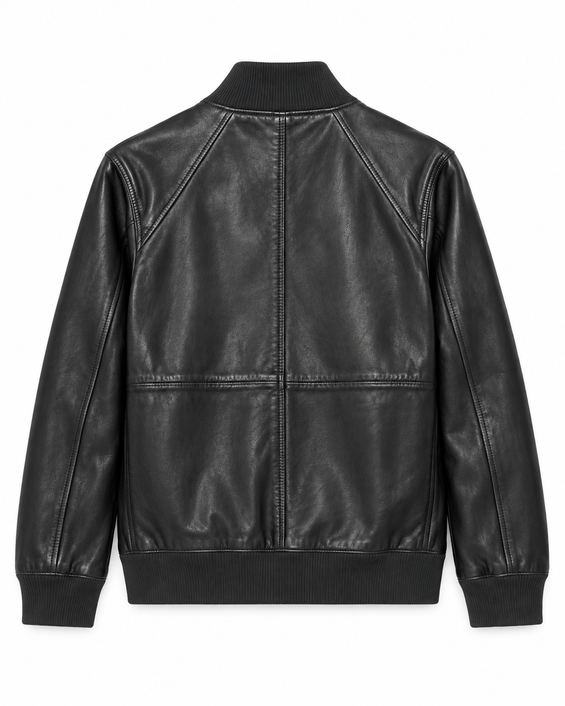 Back view of women's black leather bomber jacket with ribbed hem