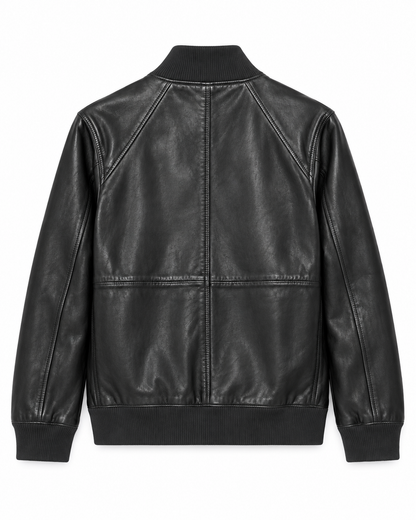 Back view of women's black leather bomber jacket with ribbed hem