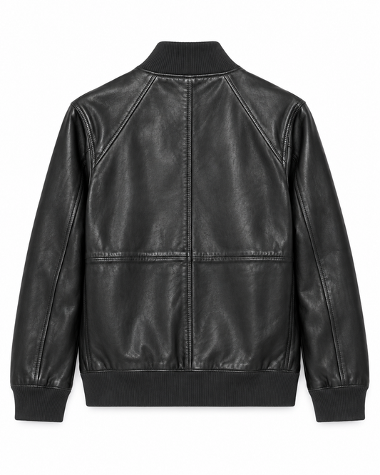 Back view of women's black leather bomber jacket with ribbed hem