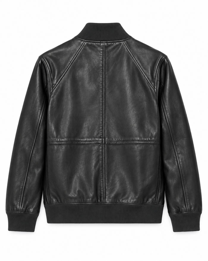 Back view of women's black leather bomber jacket with ribbed hem
