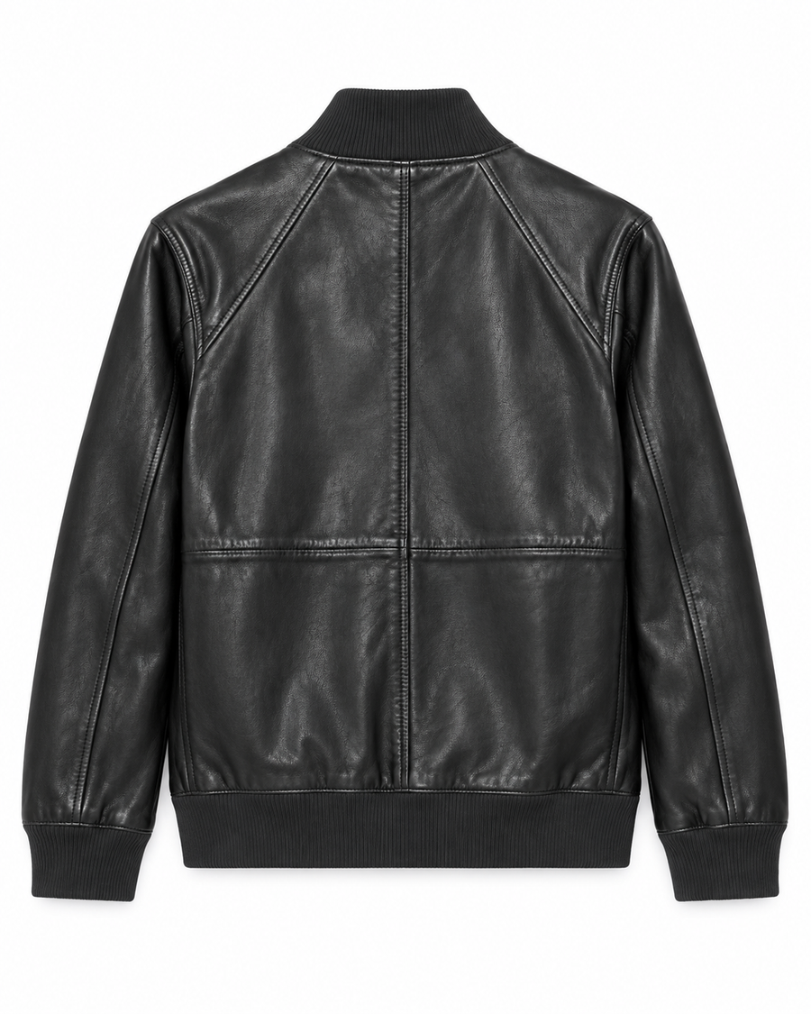 Blouson bomber en cuir noir pour femme – Col côtelé & fermeture pression – detail view
