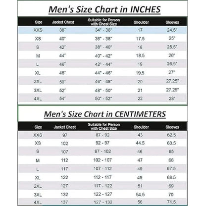 Men's leather jacket size chart in inches and centimeters