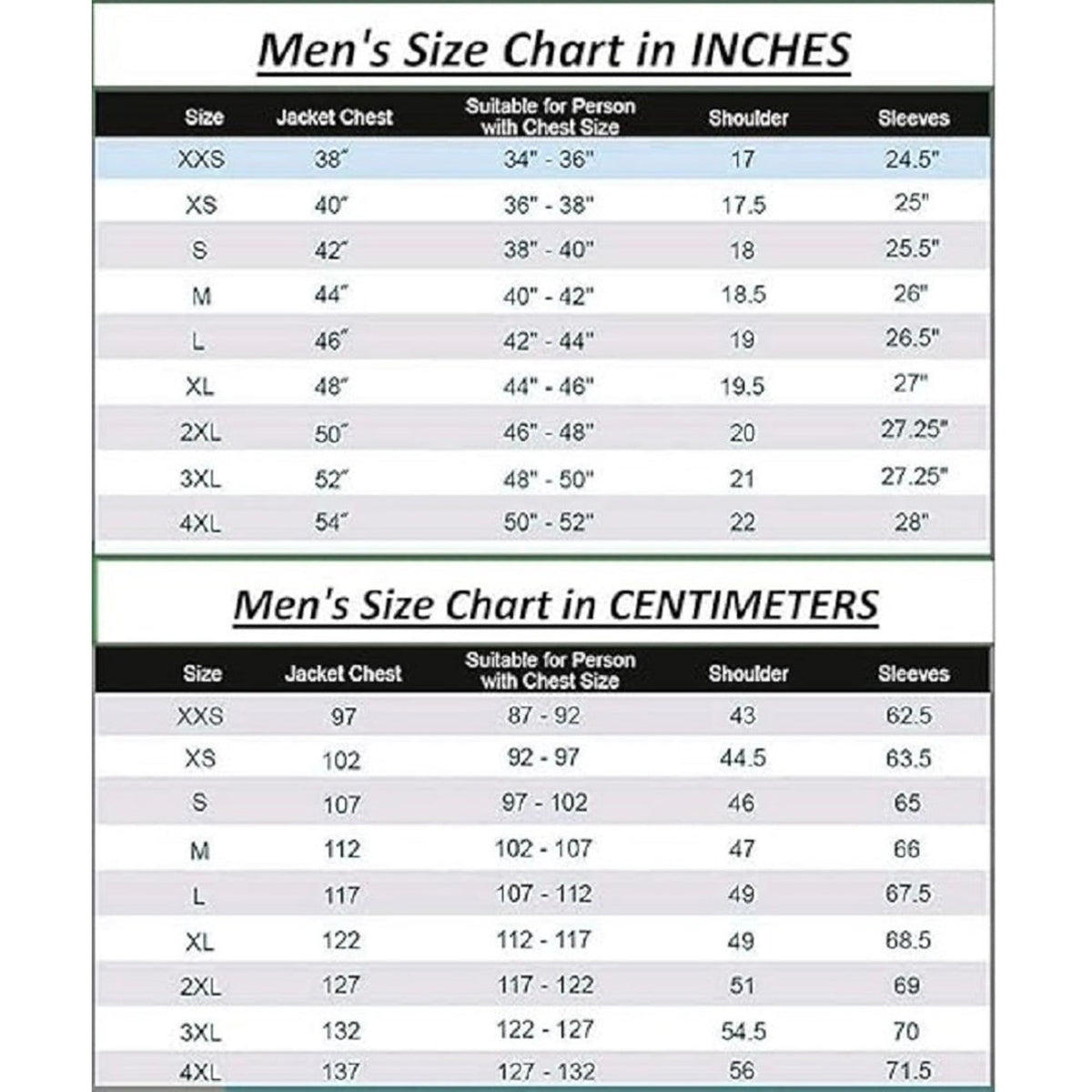 Men's leather jacket size chart in inches and centimeters