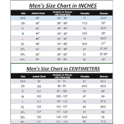 Men's leather jacket size chart in inches and centimeters