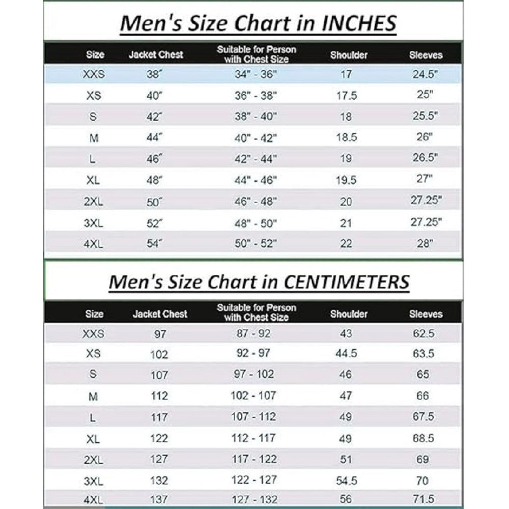 Men's leather jacket size chart in inches and centimeters