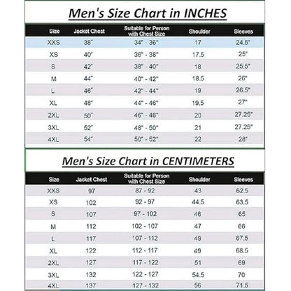 Men's leather jacket size chart in inches and centimeters