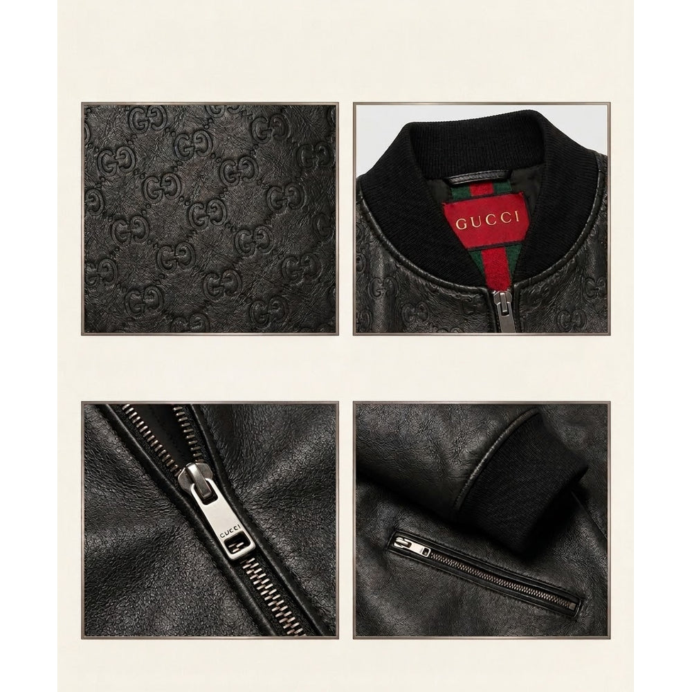 Close-up of embossed leather texture, lining, zip and cuff details