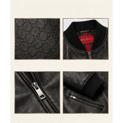Close-up of embossed leather texture, lining, zip and cuff details