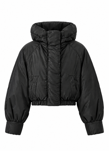 Women's black cropped puffer bomber jacket with padded hood, front view