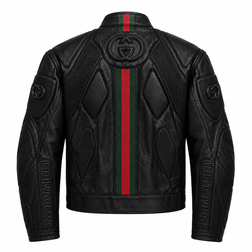 Back view of black leather moto jacket with green and red racing stripe