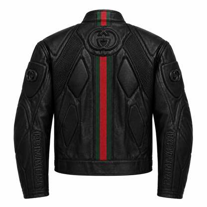 Back view of black leather moto jacket with green and red racing stripe