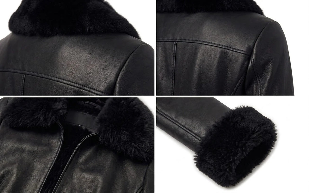 Close-up of faux fur collar, leather texture and fur cuffs