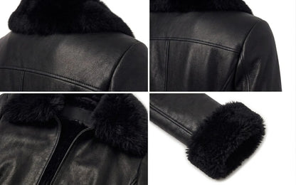 Close-up of faux fur collar, leather texture and fur cuffs